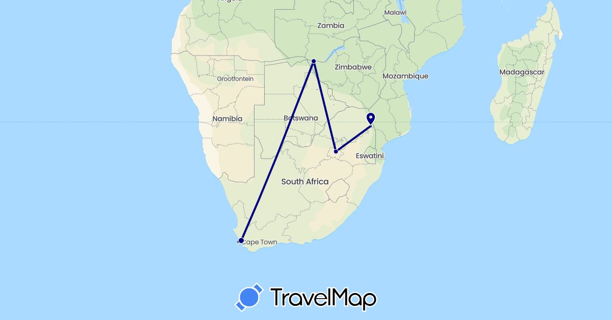 TravelMap itinerary: driving in South Africa, Zambia (Africa)